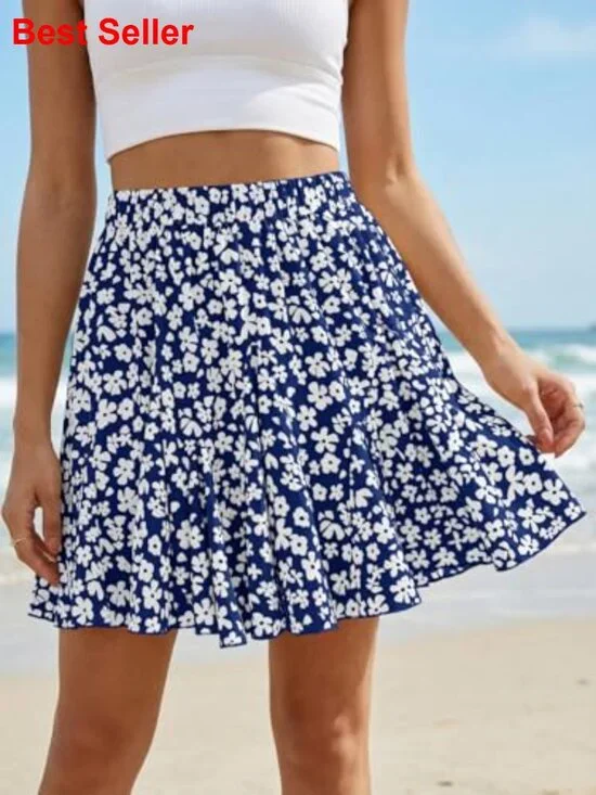 Summer Floral Mini Skirt Ruffle High Waisted Casual Flowy Boho Loose A Line - Picture 2 of 6